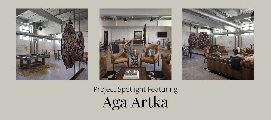 Three photos of rooms in Badger State Lofts and text below reads Project Spotlight Featuring Aga Artka|Badger State Lofts outdoors at dusk|Lounge in Badger State Lofts|Corridor in Badger State Lofts|Lounge in Badger State Lofts