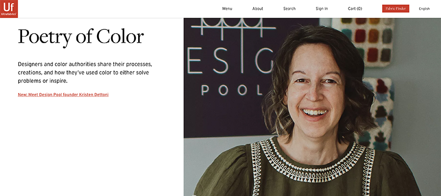 Screenshot of Ultrafabrics website showing a photo of Kristen Dettoni with the headling Poetry of Color.
