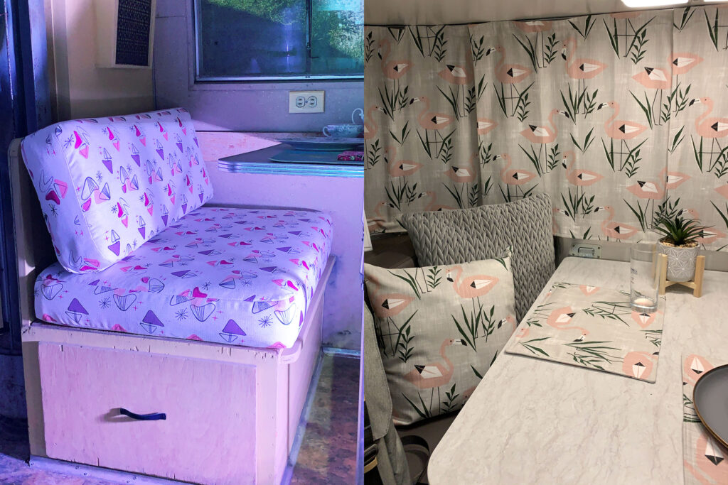 Two interior photos of Airstreams showing fun, vintage fabrics used to customize the upholstery.