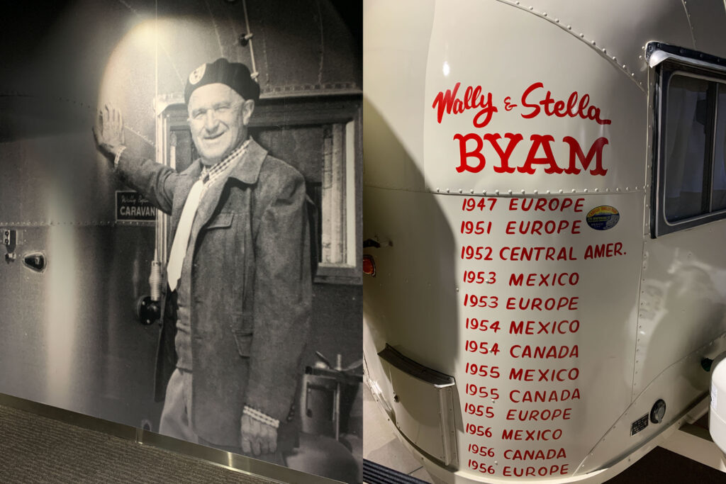 Two photos side by side of Airstream founder Wally Byam and a photo of his Airstream listing places he and his wife had visited from 1947 to 1956.