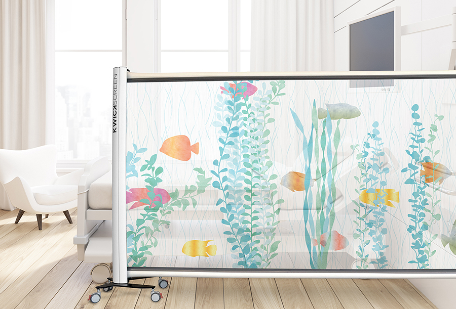 A mockup of a hospital room with a KwickScreen privacy screen printed with Design Pool pattern Aquarium illustrating the positive us of color in healthcare environment.s