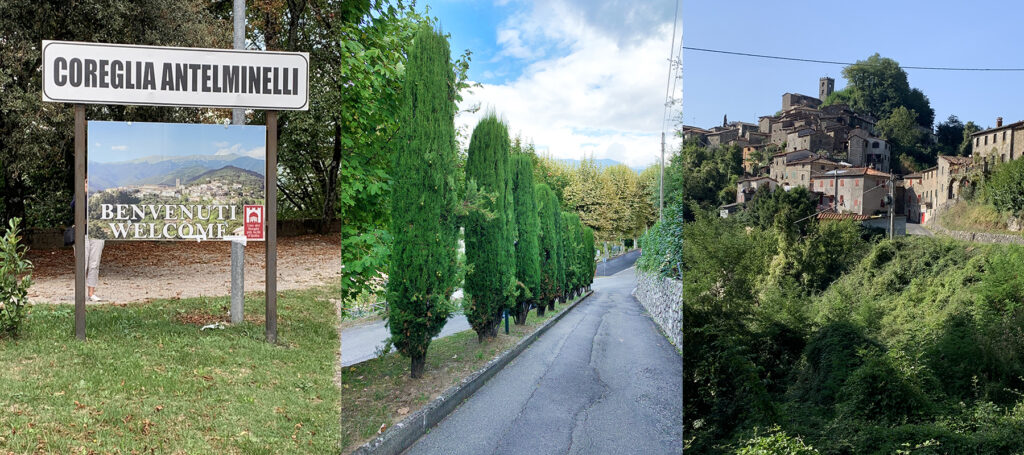 Three photos taken by Kristen Dettoni with scenes from Italy including a welcome sign in Italian, a cypress tree lined street and a hilltop town.