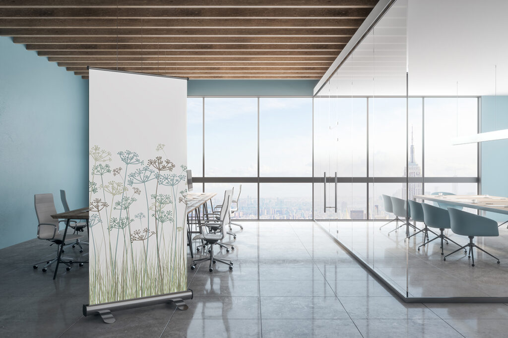 Design Pool pattern Message printed on a moveable wall to show a solution for effective acoustic design.