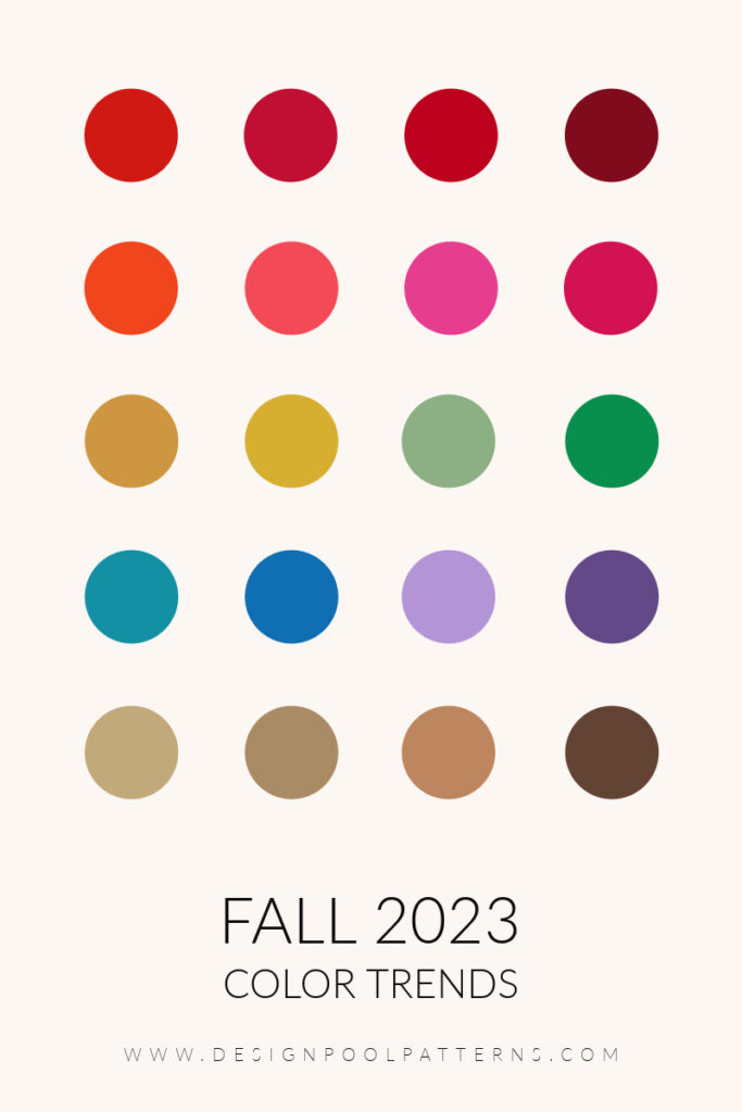 Graphic of 20 different color circles showing colors trending for fall 2023.