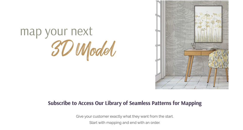 Screenshot of our mapping library webpage. Text reads map your next 3d model and then a description on how to subscribe.