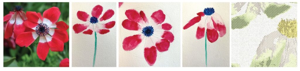 Five images in a row showing a flower, then three watercolor paintings of that flower and finally the finished pattern design. 
