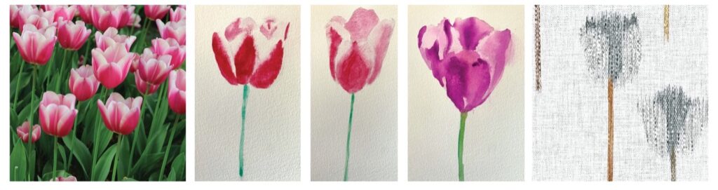 Five images in a row showing tulips, then three watercolor paintings of tulips and finally the finished pattern design. 