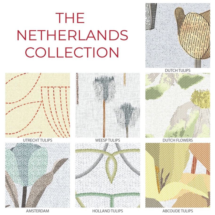 A grid with text that reads The Netherlands Collection and squares of bits of seven Design Pool patterns in this collection.