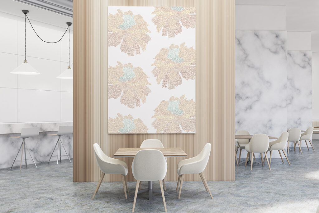 Design Pool pattern Ciphertext printed on acoustic material to look like wall art in a restaurant.