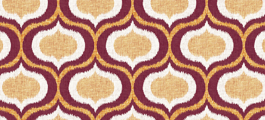Design Pool pattern Ikat Ogee, which is an ogee pattern with soft, feathered edges in gold, red, and white.