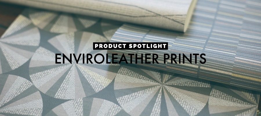 Product Spotlight Enviroleather Prints by LDI Interiors||Grid of 11 icons with names of different materials. The icon for faux leather is highlighted.