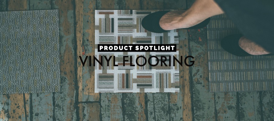 Woman's feet walking across squares of vinyl flooring. Text reads Product Spotlight Vinyl Flooring|||Grid of 11 icons with names of different materials. The icon for vinyl flooring is highlighted.