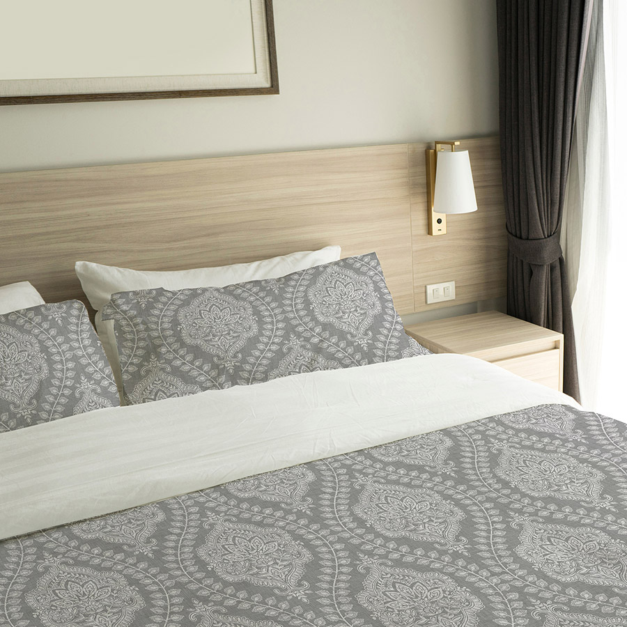 Gray Ogee Indian Lace Pattern P786 on Hotel Bed