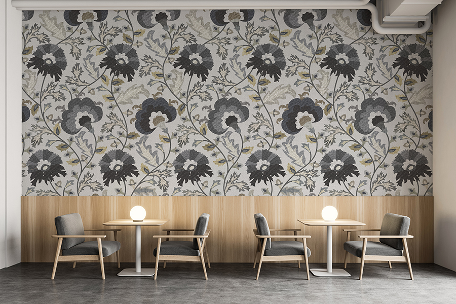 Design Pool's jacobean pattern, Botanical Garden, as wallcovering in a lounge. 