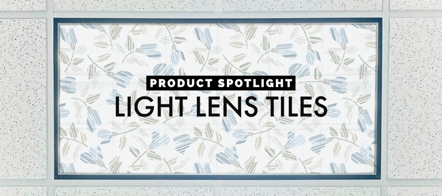 View looking up at a ceiling light printed with a fun floral pattern called Riverbank. Words on top read Product Spotlight: Light Lens Tiles.|Image of ceiling with decorative tiles with words reading product spotlight light lens tiles|Grid of 11 icons with names of different materials. The icon for light lens is highlighted.