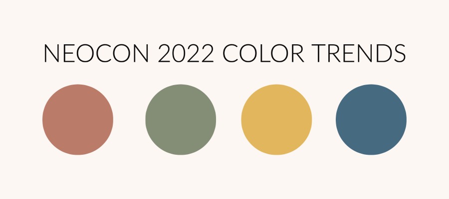 Four circles of solid color with words above that read NeoCon 2022 Color Trends|36 colored circles in a grid with the words NeoCon 2022 Color Trends below. Each circle has the hex number inside for that particular color.