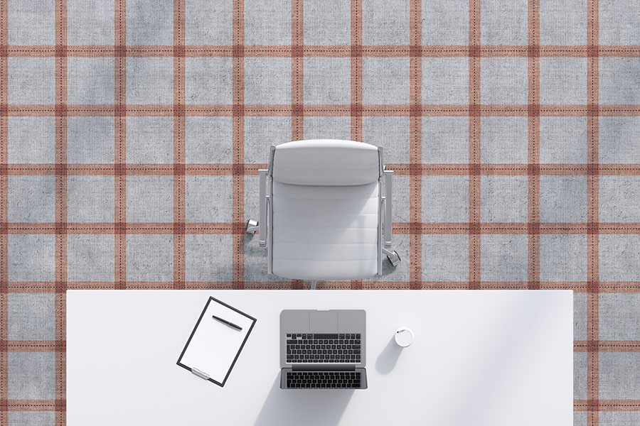 A birds eye view, mock up image of Design Pool pattern Linen Plaid on vinyl flooring. 