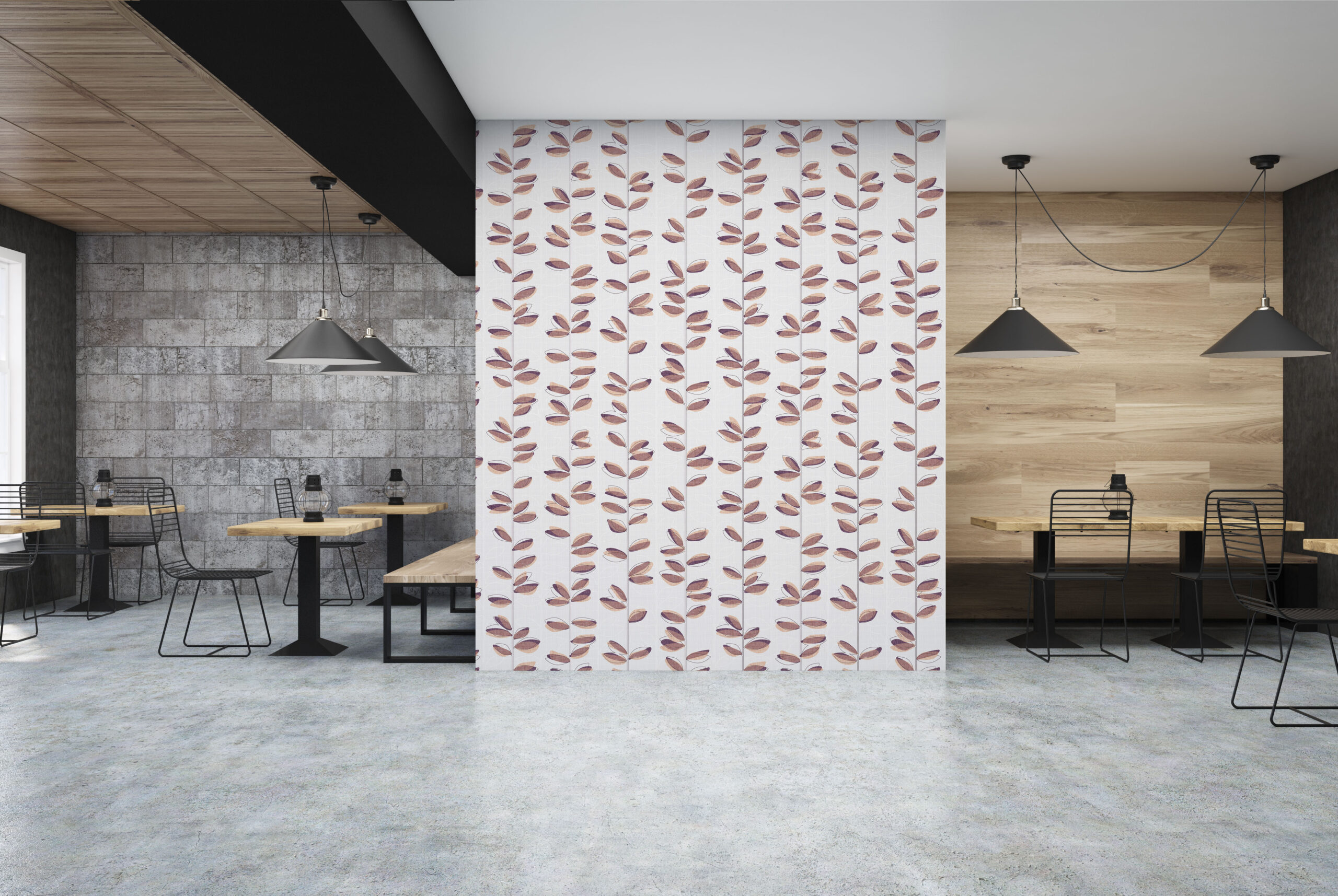 Empty restaurant with large accent wall with floral wallpaper.