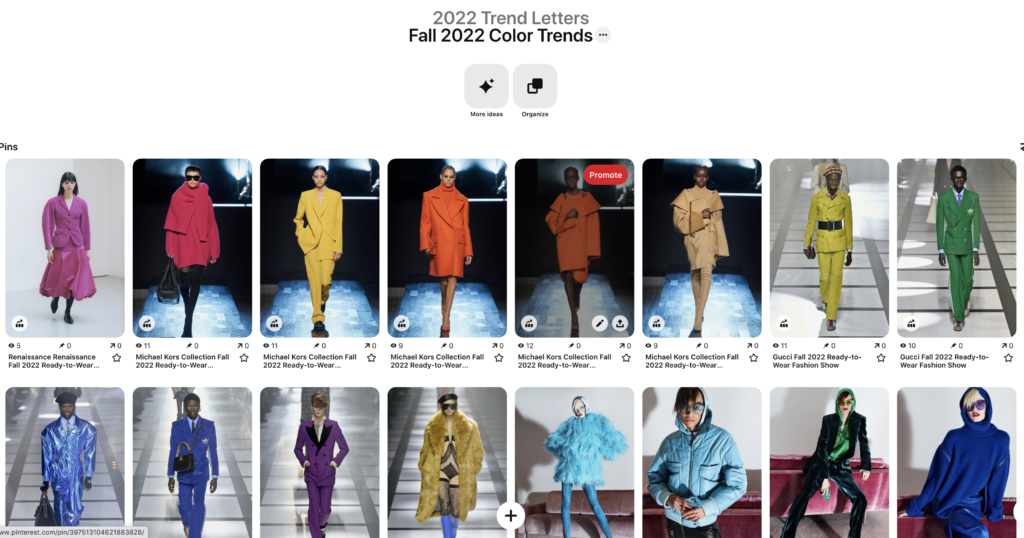 Screenshot of Pinterest board showing color trends spotted on Fall 2020 Ready-to-Wear runways.