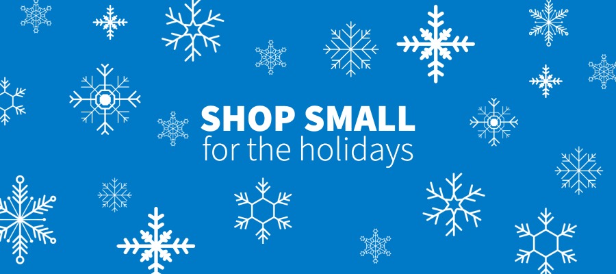 Blue background with snowflakes and the words Shop Small for the Holidays|Couch with four different pillows customized with different fabric.|||