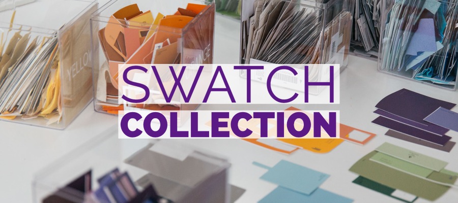 Paint chips organized by color with words over image that say Swatch Collection.|Kristen Dettoni's punch needle art piece called Sun Swatch.|Colorful paint chips from paint companies.