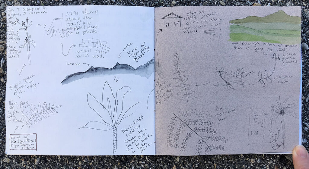 An open sketchbook with a trail map drawn by Kristin Crane while on a trip to Kauai.