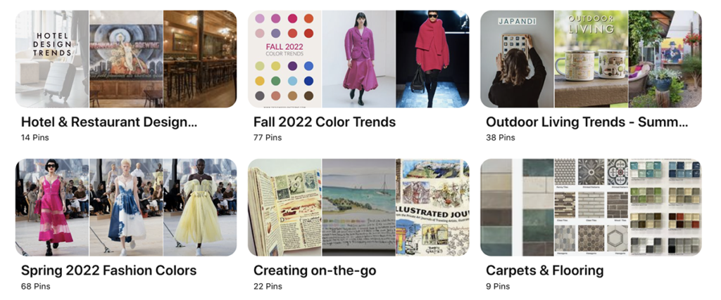 Screenshot of Pinterest showing boards with trends from 2022.