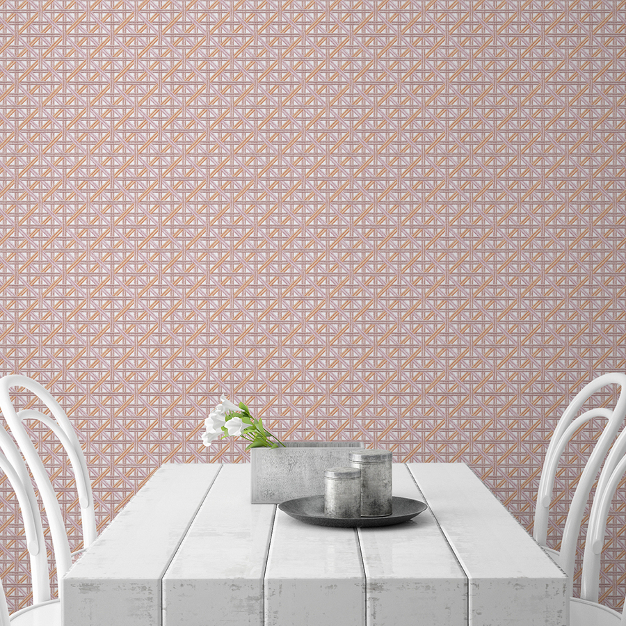 Design Pool pattern Mesh Diamond Cane in color pink mocked up as wallcovering in a restaurant.