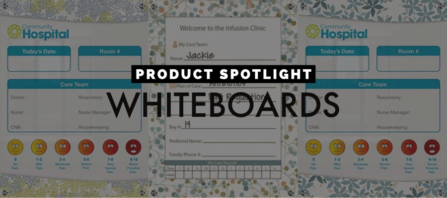Product Spotlight Whiteboards written in text over image of three whiteboards with Design Pool patterns.|Screenshot of Design Pool product listing highlighting white board icon.|Grid of 11 icons with names of different materials. The icon for white board is highlighted.