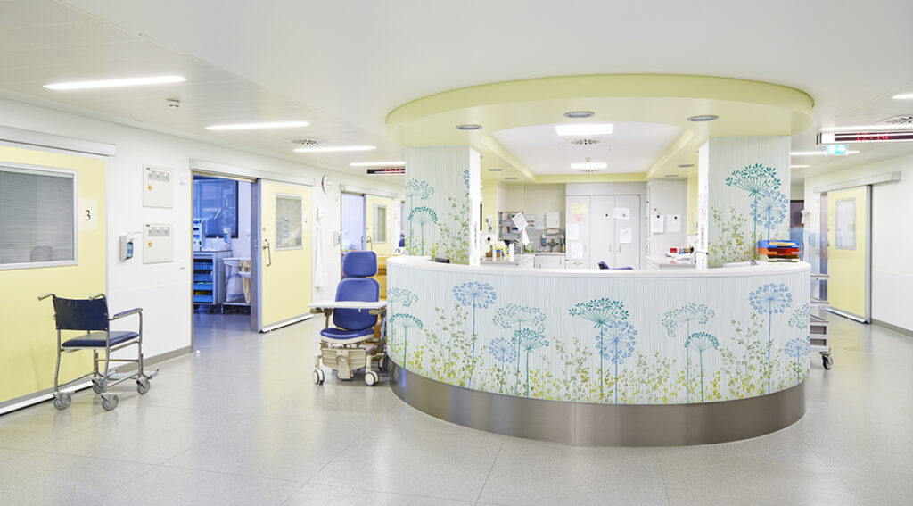 Design Pool pattern Dandelions and Springs in color Aqua mocked up in a hospital check in station.