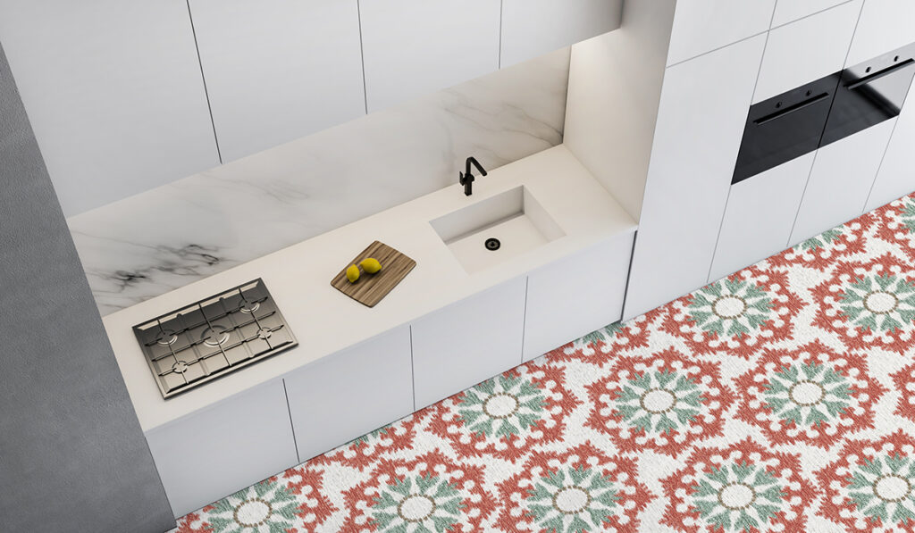 Design Pool pattern Sorong, color Coral mocked up in a kitchen as vinyl flooring.