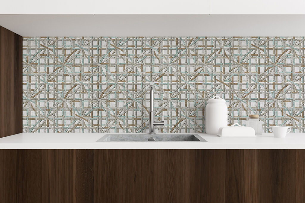 Design Pool pattern woven diamond cane, inspired by wicker, used as wallcovering.