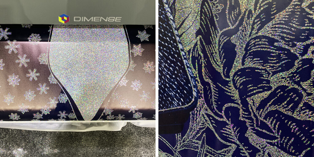 Examples of a substrate printed with glitter taken at the Dimense booth at the Printing United Expo.