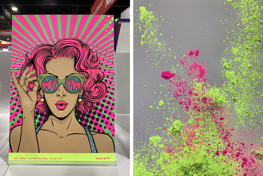 Two images side by side, one shows a pop art style woman with sunglasses printed with neon ink, the image on the right shows powdered neon ink.