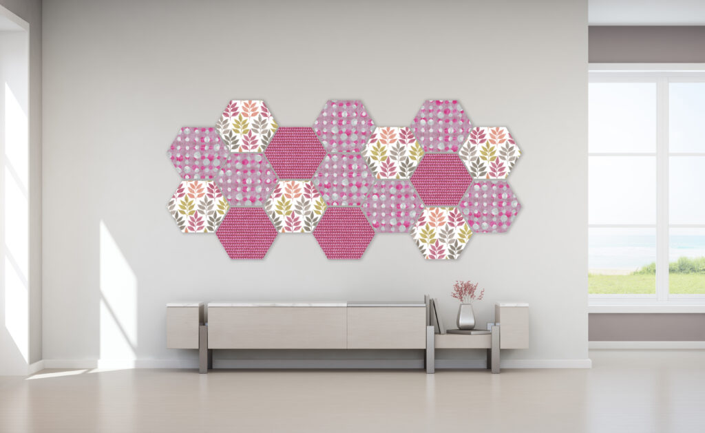 Pink patterns by Design Pool digitally printed on acoustic tiles.