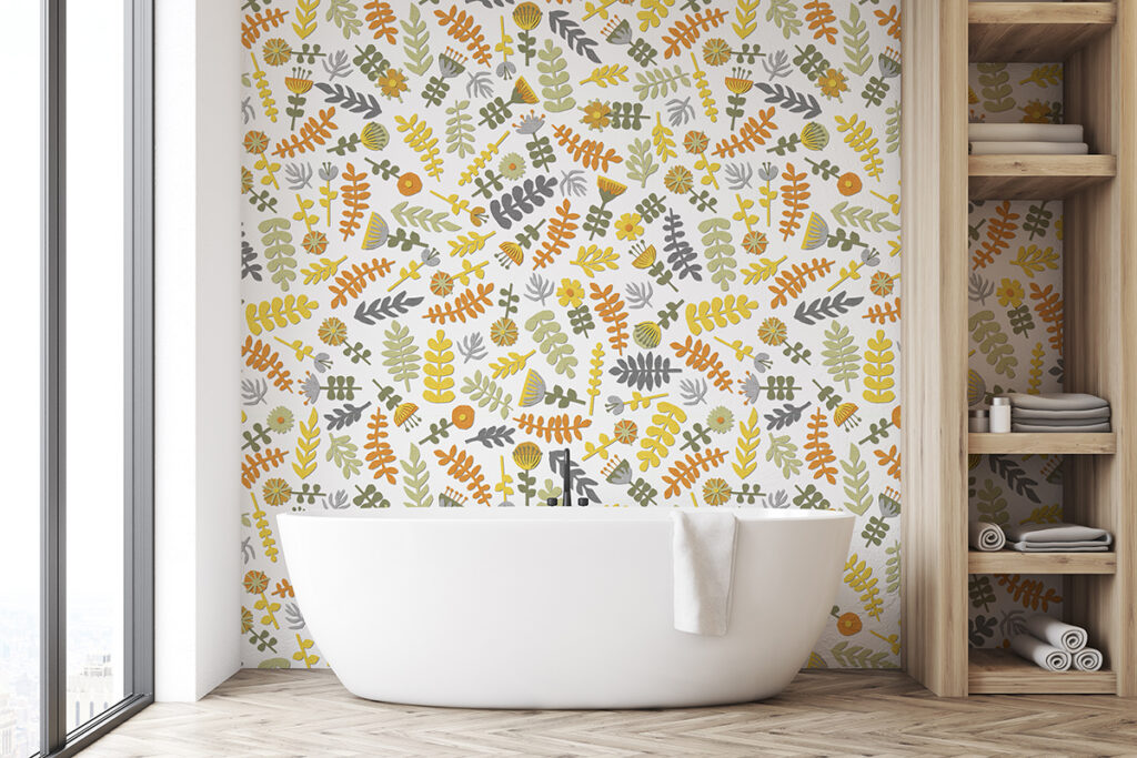 Design Pool pattern Tossed Cut Paper Flowers shown printed on wallcovering in a bathroom. 