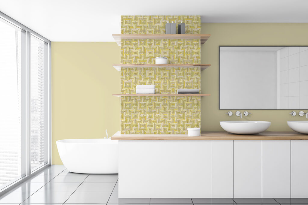 Design Pool pattern Flat Dimond Cane, a pattern that looks like wicker, shown on wallcovering in a bathroom.