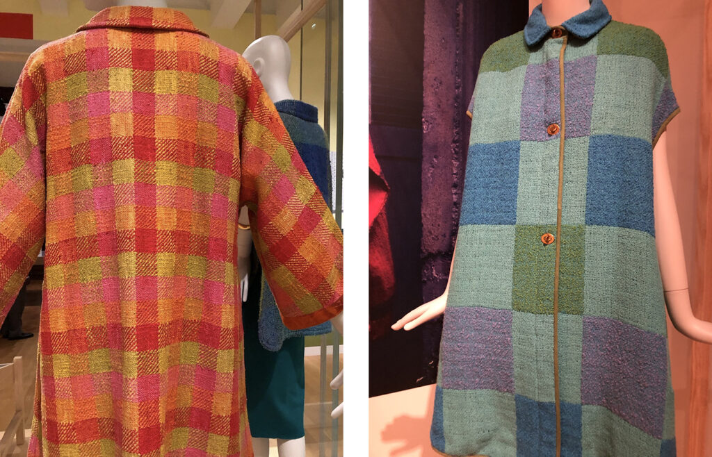 Two photos side by side of garments made with colorful Dorothy Liebes textiles. One is a colorful coat and the other a bold dress.