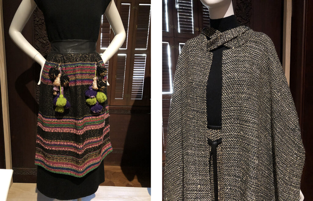 Two photos side by side of garments made with Dorothy Liebes textiles. One is a hostess apron and the other a cape and skirt.