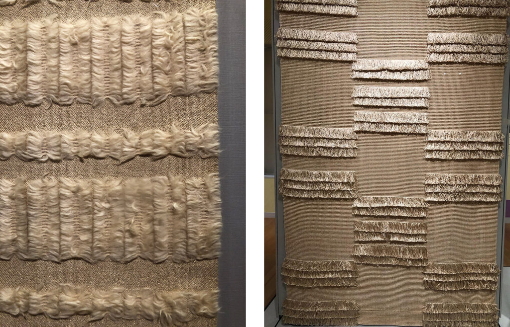 Two photos side by side of Dorothy Liebes fabrics taken at the Cooper Hewitt.
