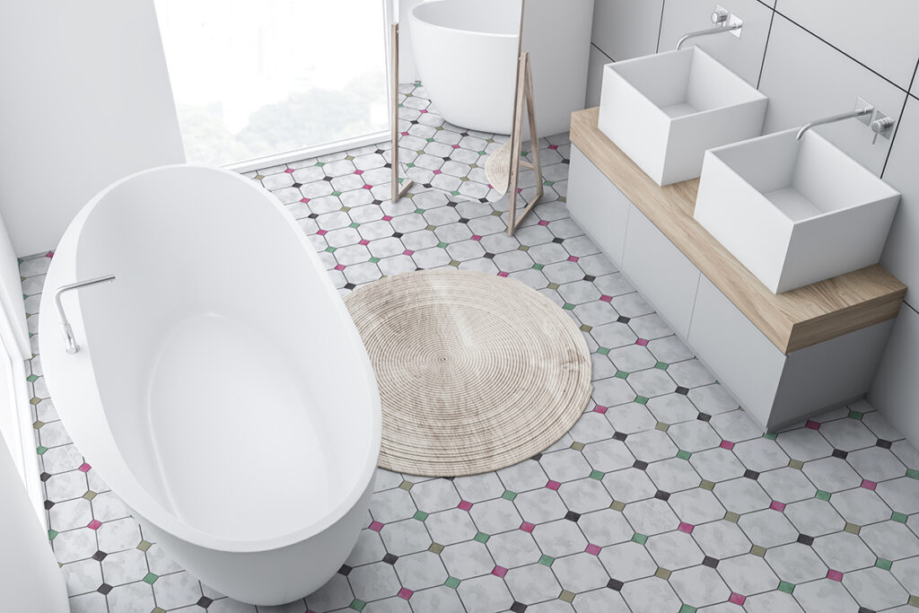Mock up of bathroom with Design Pool pattern Tinson Tile printed on vinyl flooring.