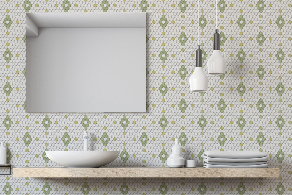 Mockup of hotel bathroom with Design Pool pattern Hexagon Diamond Tile printed on wallpaper.