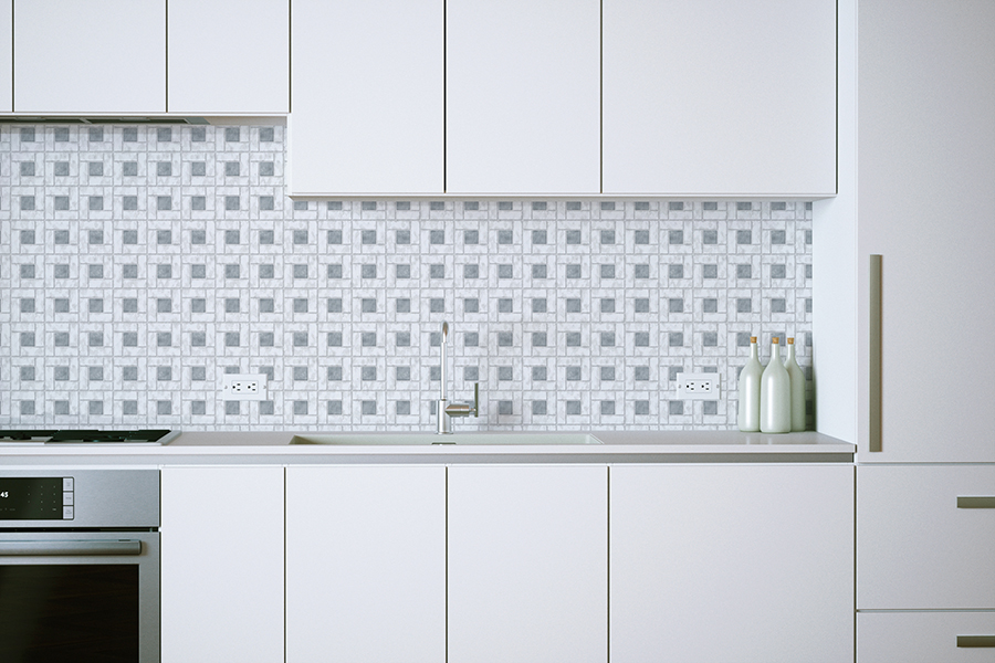 Mockup of kitchen with Design Pool pattern Harborview Tile printed on wallpaper for backsplash.