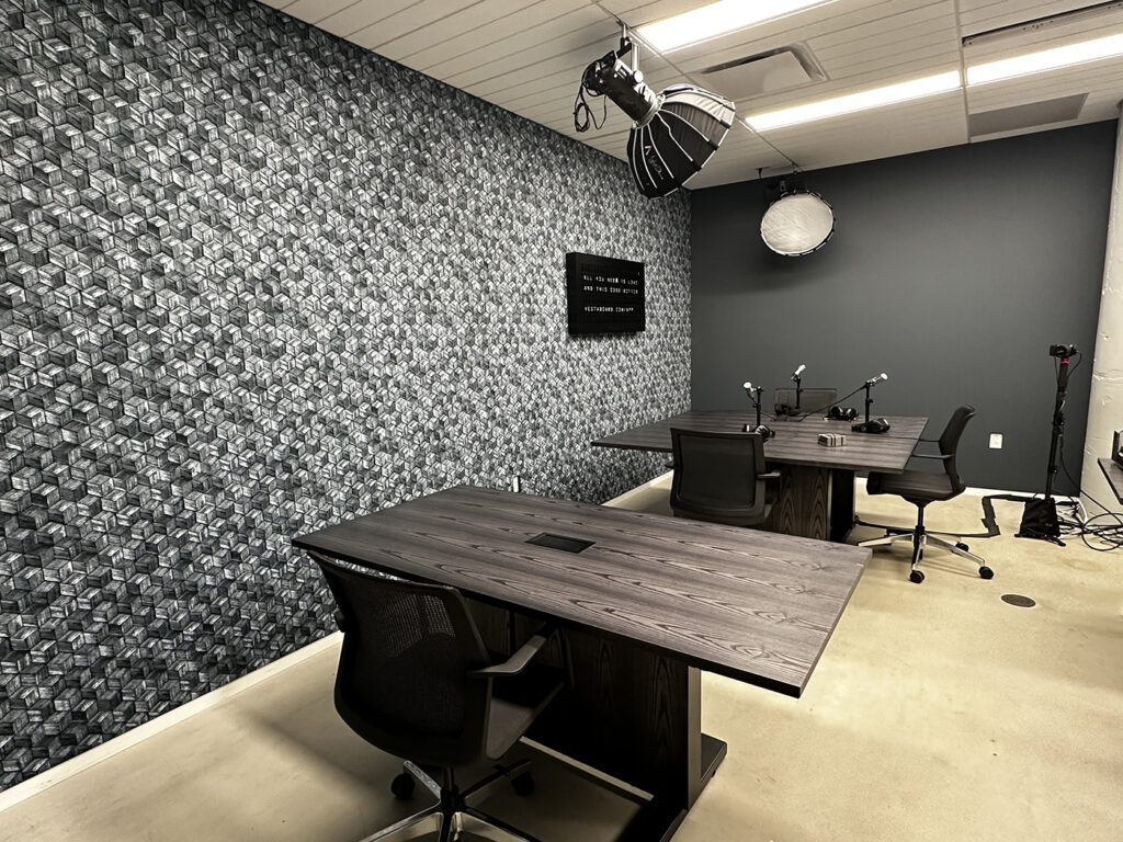 Podcast studio in office with Design Pool pattern Plaited Cane printed through FabriTrak Systems.