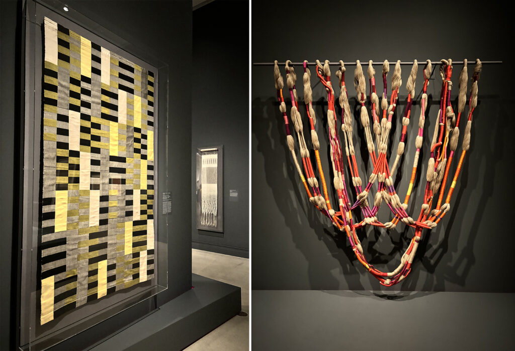 Two photos side by side, one showing a woven piece by Anni Albers, the other an art piece by Sheila Hicks. 