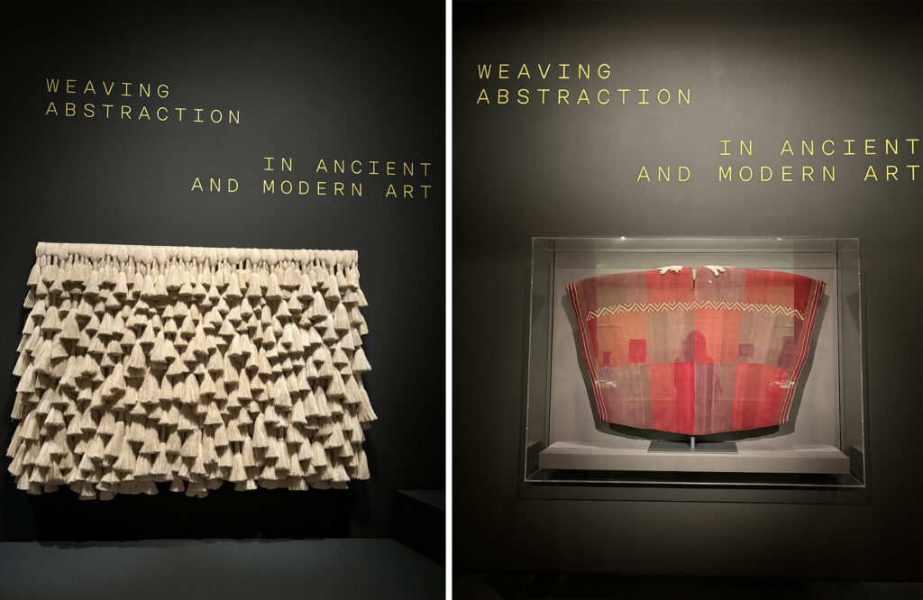 Two photos side by side showing the entrances to The Met's exhibit Weaving Abstraction in  ancient and Modern art. 