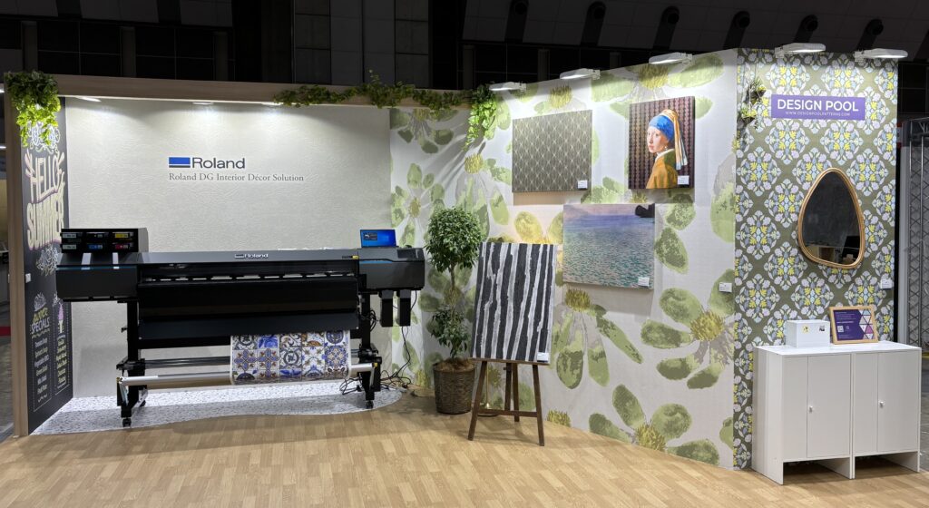 Roland Japan booth at a trade show featuring several Design Pool patterns.