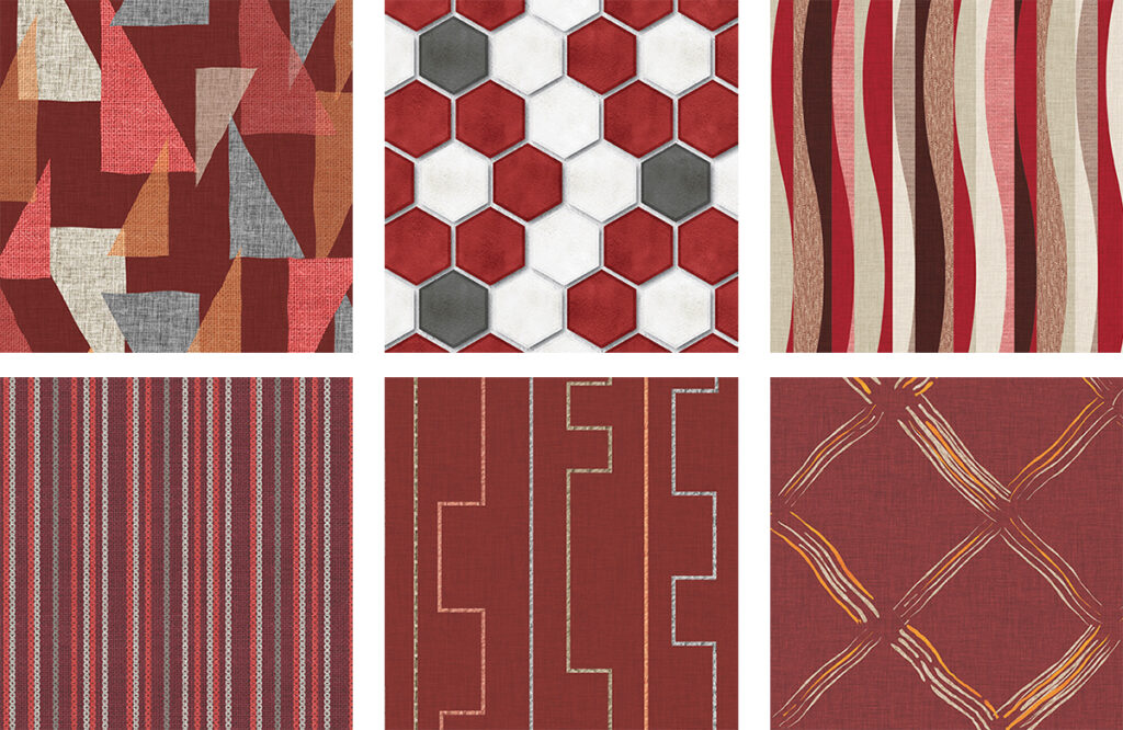 Six patterns from the Design Pool library all in a trending color, burgundy.