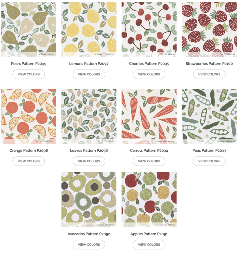 A screenshot of thumbnails showing ten patterns in the Design Pool Delish Collection. All patterns feature fruits and vegetables.